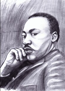 A black and white sketch of a man looking sideways