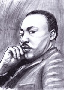 A black and white sketch of a man looking sideways